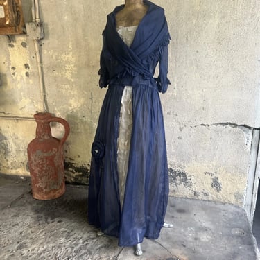 Antique Teens 1920s Blue Organza Dress Sculpted Flowers Long Sash Vintage