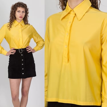 70s Yellow Pointed Collar Shirt - Large | Vintage Retro Button Up Long Sleeved Top 