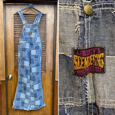 Vintage 1970’s w30 “Liberty” Denim Flare Patchwork Hippie Overalls Jeans, Bell Bottoms, 70’s Vintage Clothing 
