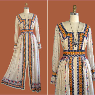 OSCAR DE La RENTA Vintage 70s Dress | 1970s Saks Fifth Ave Designer Maxi | 60s 1960s Mid Century, Folk Print Boho Hippie Chic | Small Medium 