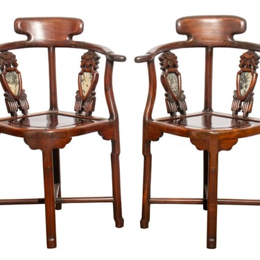 Chinese Huanghuali &amp; Marble Corner Chairs, Pair