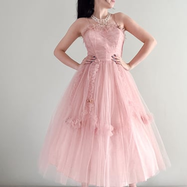 Beautiful 1950's Blush Pink Tulle Prom Dress / Sz XS