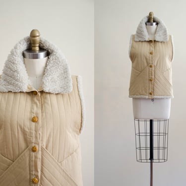 70s quilted vest | vintage tan beige faux shearling boho hippie vest 