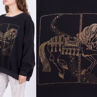 Vintage Carousel Horse Oversize Sweatshirt - One Size | 80s 90s Black Animal Graphic Slouchy Pullover 