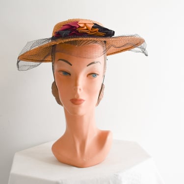1940s Straw Hat with Ribbon Flowers and Netting 
