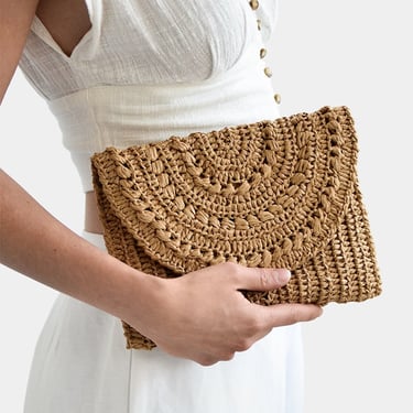 Crochet Raffia Clutch in Tan, Straw Summer Bag, Raffia Clutch Handbag, Tan Crochet Summer Bag, Crochet Straw Clutch  — Marigold Bag 