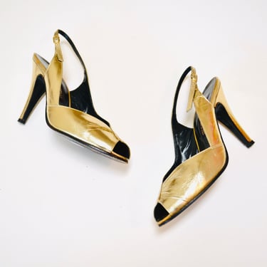 70s 80s Vintage Metallic Gold Leather High Heels Size 6 Made in Italy by Bruno Melli Gold Leather Peeptoe Slingback High Heels Disco Party 