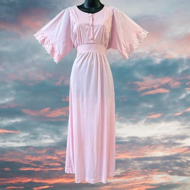 vintage pink lace nightgown 1960s wide sleeve nylon princess gown large 