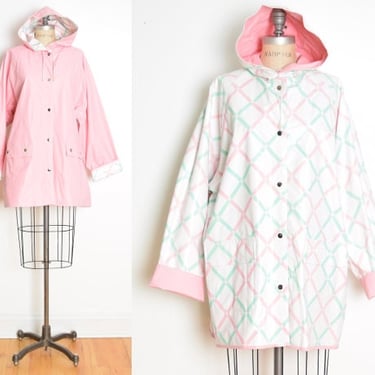 vintage 80s raincoat pink white plaid vinyl reversible slicker jacket coat XXXL clothing 