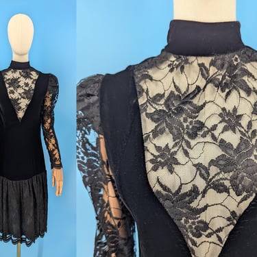 Vintage 80s Gothic Cachet by Bari Protas XS Black Lace and Velvet Drop Waist Dress with Buttons Up the Back 