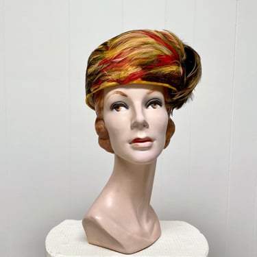 Vintage 1960s Coque Feather Hat, 60s Gold Velour Pillbox with Earthtone Trim and Netting, Mid-Century Toque, Size 21 3/4