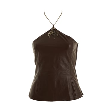 Jean Paul Gaultier Brown Leather Cross Halter Top