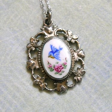 Vintage Sterling Enamel Religious Sliding Bird Pendant, Sterling Religious Miraculous Medal, Sterling Religious Blue Bird Pendant (#4645) 