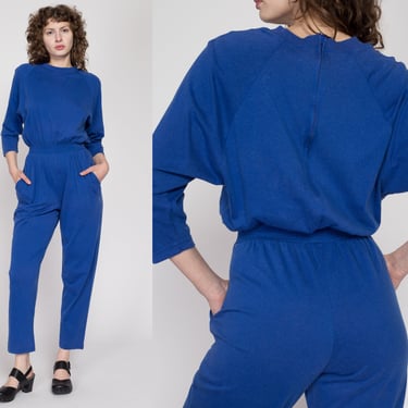 Small 80s Blue Loungewear Jumpsuit | Vintage Elastic Waist 3/4 Batwing Sleeve Jersey Pantsuit Outfit 
