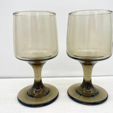 Pair of Tawny Glass Wine Cocktail Stemmed Glasses | Mid Century Bar, MCM Barware 