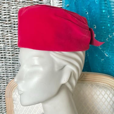 Hot Pink Pill Box Hat, Velvet Magenta, Pleated Details, Vintage 60s 