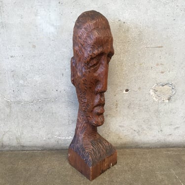 Mid Century Chip Carved Wood Elongated Head