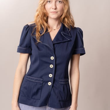 1970’s Navy Puff Sleeve Collared Top