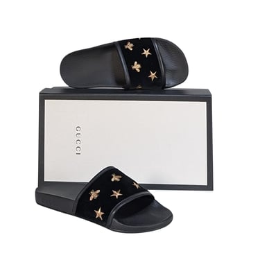 Gucci - Black Velvet w/ Gold Bee & Star Embroidered Slide Sandals Sz 8