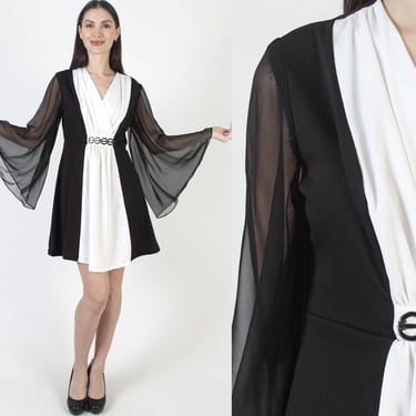 70s Disco Kimono Dress, Chiffon Angel Sleeves, Black Disco Party Mini 