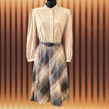 1970s tan plaid dress vintage autumn tartan shirtwaist medium 