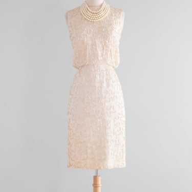 Elegant 1960's Vanilla Sequined Sheath Dress By Jr.Theme / Small