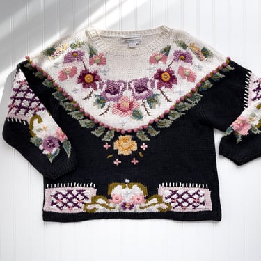 cute cottagecore sweater 90s vintage Jennifer Reed black floral Fair Isle hand knit sweater 