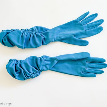 1950s Blue Vintage Gloves | 50s Turquoise Blue Ruched Gloves l Medium 