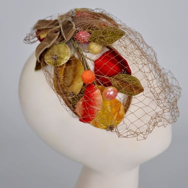1950s fall leaves and berries fascinator hat with veil 