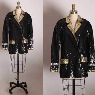 1980s Black, Silver and Gold Button Up Long Sleeve Sequin Blazer Jacket by Modi -S 