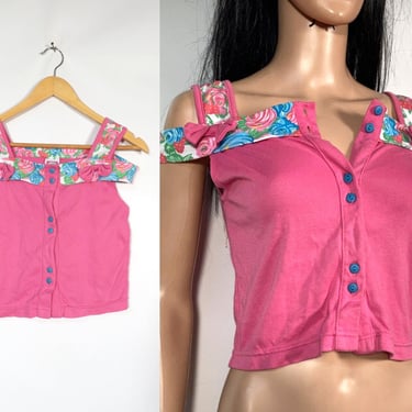 Vintage 90s Pink Button Up Tshirt Tank Top With Bows Size XS OR Youth 10/12 