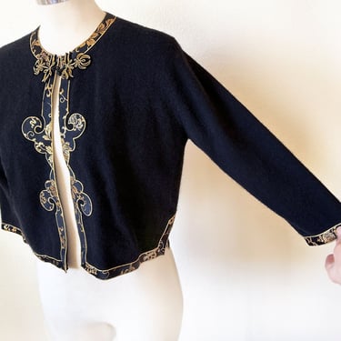 Black & Gold Angora Cardigan Sweater Vintage Mid Century Asian Inspired 1960's 