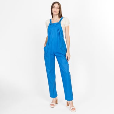 Petite Medium 80s Blue Pleated Pinafore Jumpsuit | Vintage Suspender Overall Pantsuit 