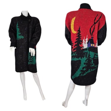 1980's Black Scenic Wool Mohair Long Sweater Coat I Sz Lrg I Falcon Italian Design 