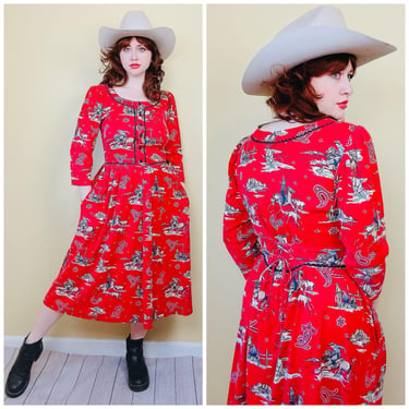 1990s Vintage Lanz Originals Red Cowboy Dress / 90s Cotton Knit Novelty Western Corset Back Dress / Large 