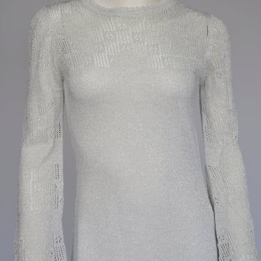 1960s metallic silver lurex knit maxi dress holiday S/M 