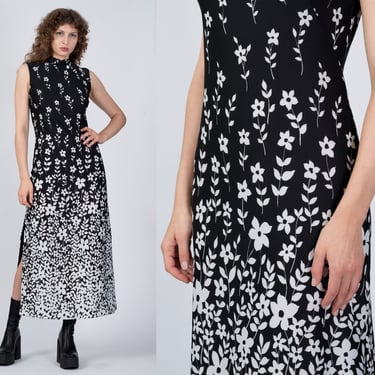 70s Black & White Floral Gradient Print Maxi Dress - Medium | Vintage Sleeveless High Slit Column Cocktail Dress 