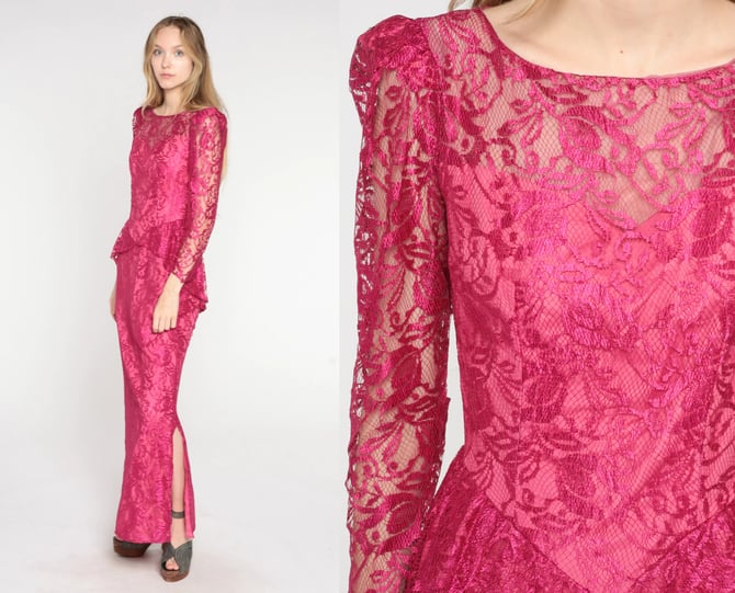 70s Lace Gown Fuchsia Pink Maxi Dress Long Puff Sleeve Party Prom Cocktail Peplum Dress Retro Glam Side Slit Vintage 1970s Small xs s 