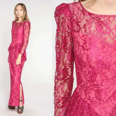 70s Lace Gown Fuchsia Pink Maxi Dress Long Puff Sleeve Party Prom Cocktail Peplum Dress Retro Glam Side Slit Vintage 1970s Small xs s 
