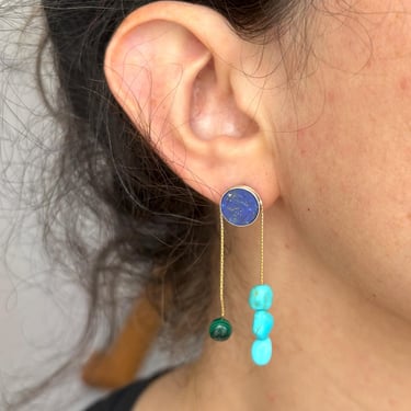One of a Kind Pendulum Stud Drops with Blue Lapis and Malachite and Turquoise 