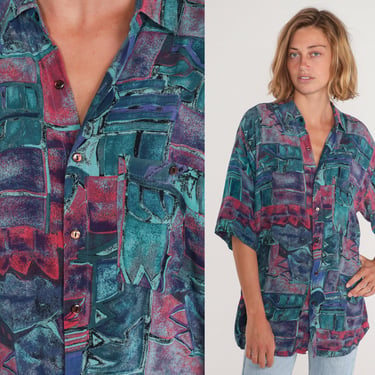 Abstract Shirt 90s Button Up Shirt Retro Statement Geometric Print Short Sleeve Collar Green Purple Pink Vintage 1990s Rayon Mens Large L 