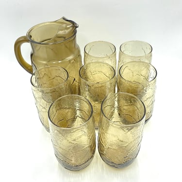 Anchor Hocking Sherwood Spicy Brown Pitcher and Rare 32 oz. Cooler Iced tea Tumblers, Textured Leaves, Smoky Glasses, Vintage Glassware 