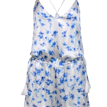 Cami - White & Blue Floral Print Racerback Silk "Chandler" Romper Sz M