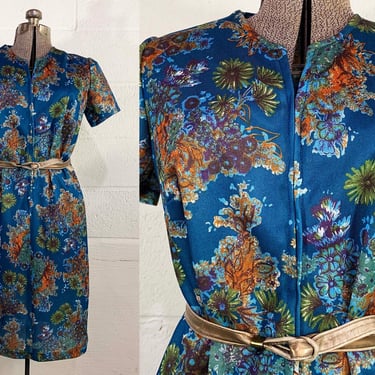 Vintage Blue Floral Dress Flowers Shift 1960s Mid-Century Mod Day Dress Short Sleeves Large Medium 