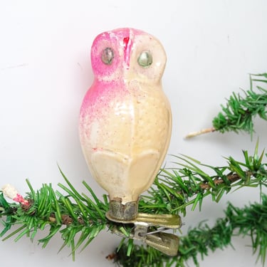 Antique Hand Painted Russian Glass Owl Christmas Ornament Clip, Vintage Feather Tree Decoration 