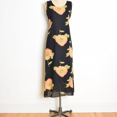 vintage 90s dress black peach floral print grunge long maxi sundress M clothing 
