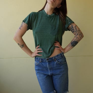 Thrashed Vintage One Pocket Tshirt / 1970's Tee / Hunter Green Tshirt / Holes and Super Thin and Soft / Gender Neutral Unisex 