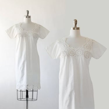 Edwardian cotton Chemise | Antique vintage 1900s cotton slip dress | Embroidered cutout chemise 