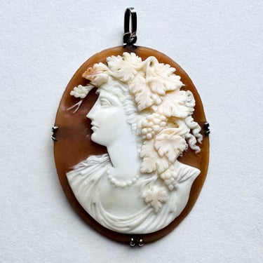 Large Antique Bacchante Sterling Silver Shell Cameo Pendant Victorian Grand Tour 