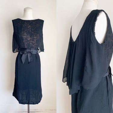 Vintage 1960s Black Chiffon Shawl Collar Cocktail Dress / S 